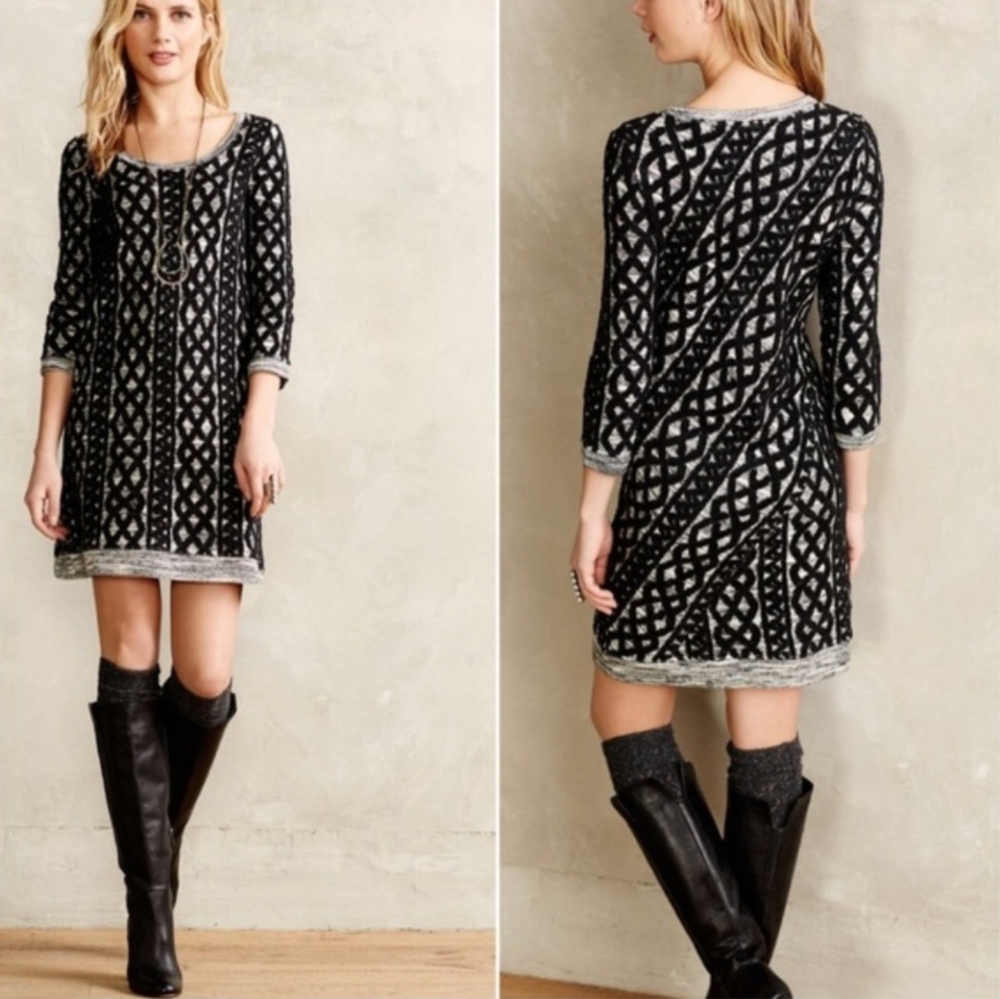 Anthro Moth Gray Black Motif Stitch Cable Chenille Knit Sweater Midi Dress Sz L